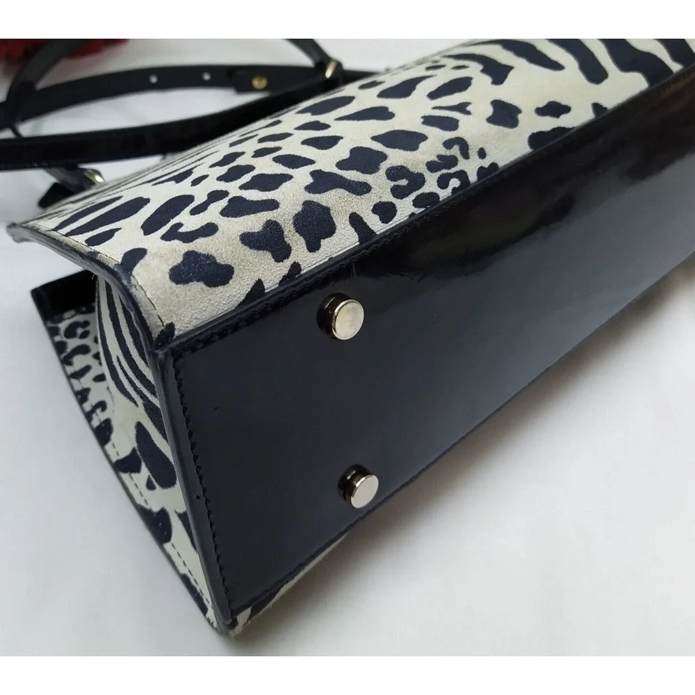 House of Harlow Black White Zebra Printed Leather Top Handle Zipper Satchel Bag
